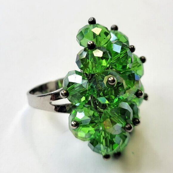 Green Crystal Cluster Ring, Adjustable Crystal Ring,  Statement Crystal Ring - Picture 4 of 9